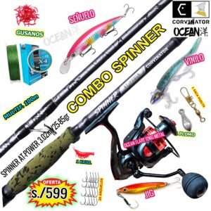 MEGACOMBO CAÑA DE PESCAR CORVINATOR SPINNER 3.02M CARBONO 25-85G CARRETE OCEAN FLARE 4000 12KG ACCESORIOS
