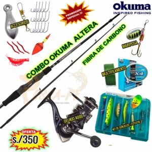 MEGACOMBO CAÑA OKUMA ALTERA 1.95m CARBONO CARRETE DEUKIO 4000 METAL + SEÑUELOS