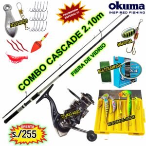 MEGACOMBO CAÑA OKUMA CASCADE 2.10M FIBRA DE VIDRIO CARRETE DEUKIO 4000 METAL + SEÑUELOS
