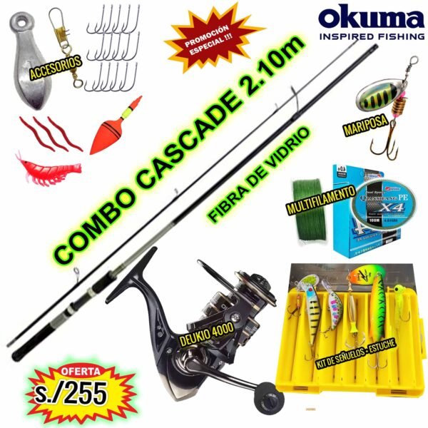 MEGACOMBO CAÑA OKUMA CASCADE 2.10M FIBRA DE VIDRIO CARRETE DEUKIO 4000 METAL + SEÑUELOS