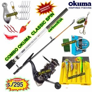MEGACOMBO CAÑA OKUMA CLASSIC SPIN 1.80M CARBONO CARRETE DEUKIO 4000 METAL + SEÑUELOS