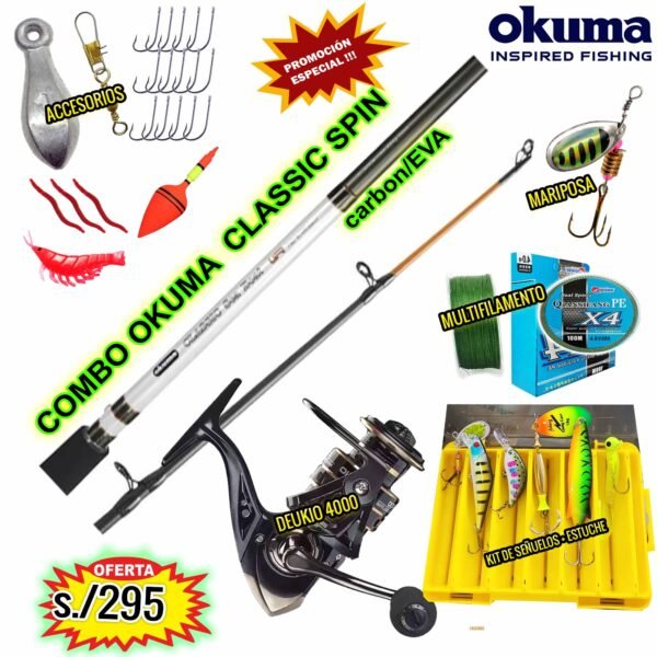 MEGACOMBO CAÑA OKUMA CLASSIC SPIN 1.80M CARBONO CARRETE DEUKIO 4000 METAL + SEÑUELOS
