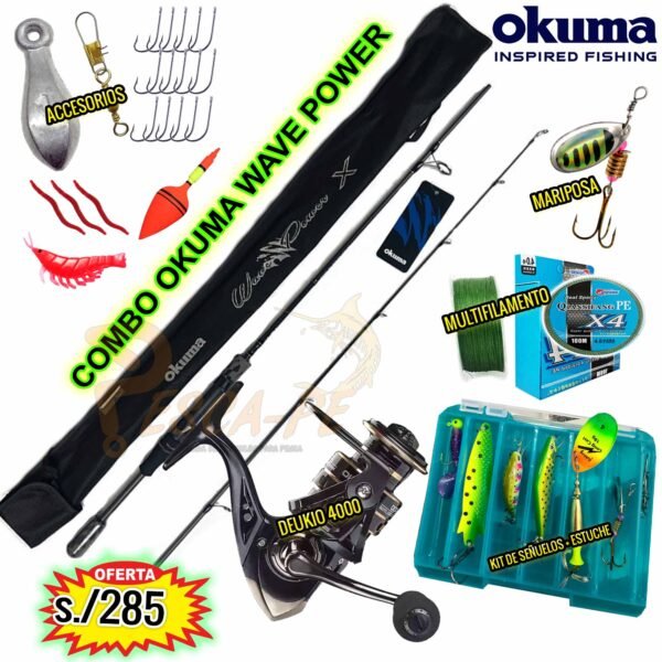 MEGACOMBO CAÑA OKUMA WAVE POWER CARBONO CARRETE DEUKIO 4000 + ACCESORIOS