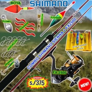 Megacombo Caña de pescar Shimano Sienna Carrete FX 2500 con accesorios SIENNAKILLER