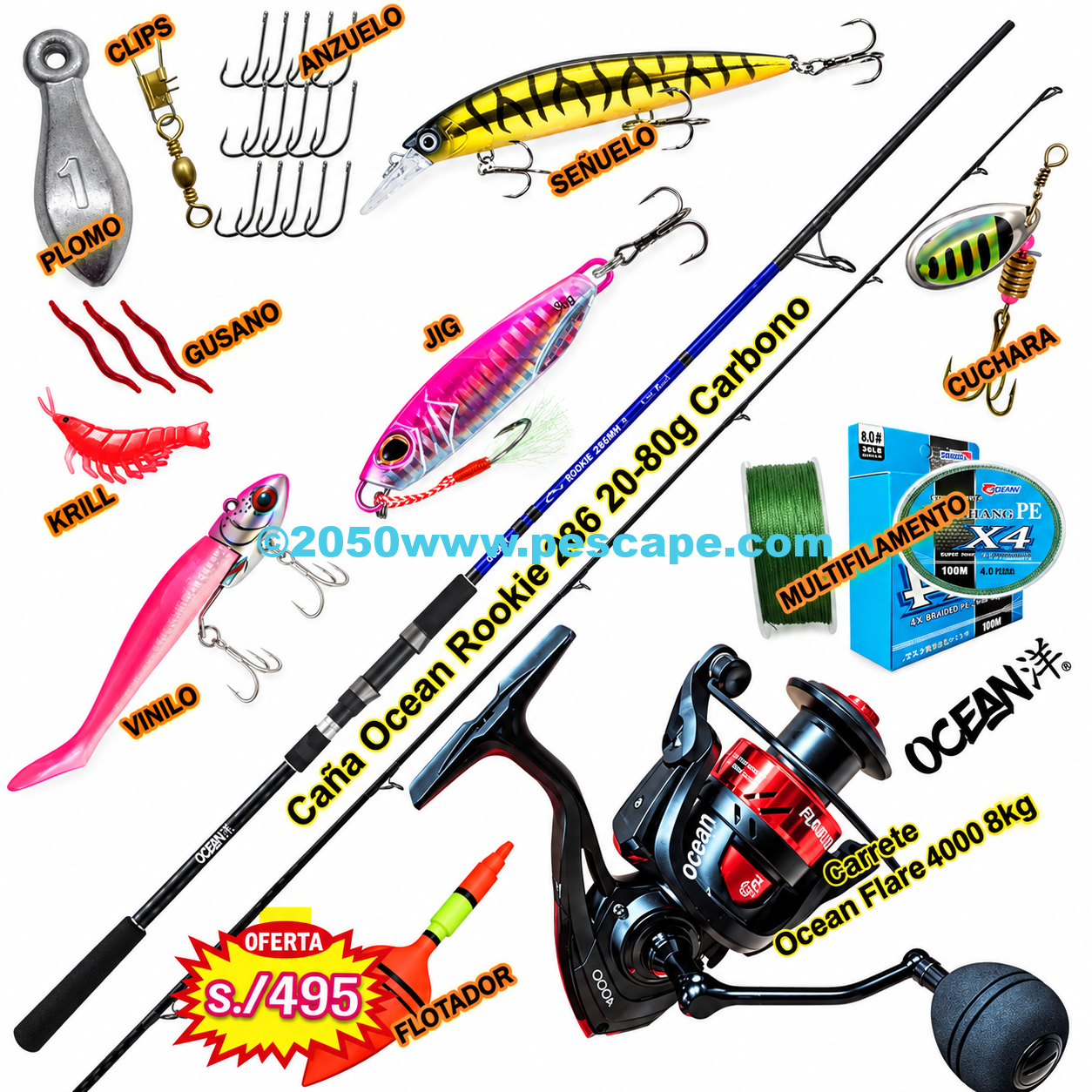 Combo Caña De Pescar Ocean Rookie 2.86m Reel Flare 4000 12kg Azul