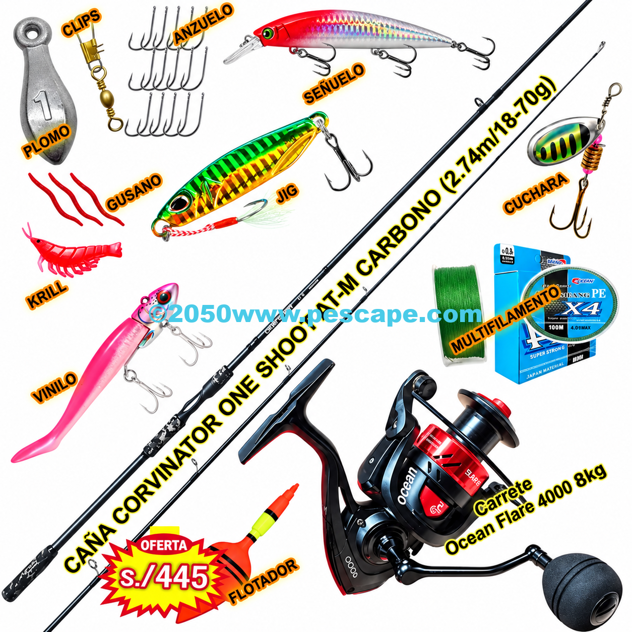 Kit Caña De Pescar Corvinator One Shoot 2.74m Carbono Carrete Ocean Flare 4000 12kg Gris Oscuro