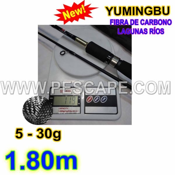 CAÑA YUMINGBU 1.80m Fibra de Carbono 5-30gr SPINNING 2 tramos Lagunas Rios - Imagen 3