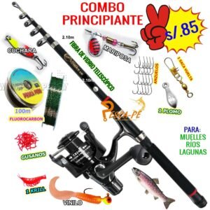 COMBO CAÑA DE PESCAR 2.10M TELESCÓPICO RIO LAGUNAS CB4000 ACCESORIOS