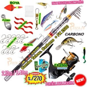 COMBO CAÑA TELESCÓPICO CARBONO + CARRETE FX 2500 ACCESORIOS