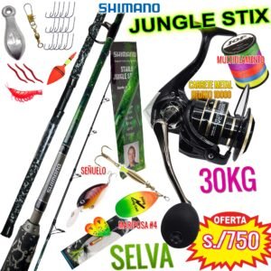 COMBO SHIMANO JUNGLE STIX 1.70m Deukio 10000 con accesorios