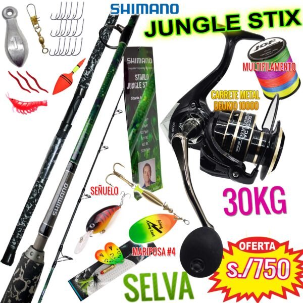 COMBO SHIMANO JUNGLE STIX 1.70m Deukio 10000 con accesorios