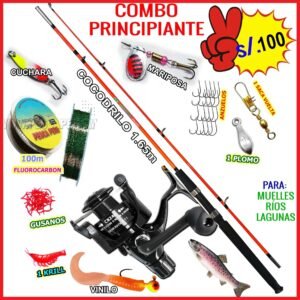 Combo Caña de Pescar 1.65m Fibra de Vidrio Cocodrilo CB240 Con Cuchara Accesorios