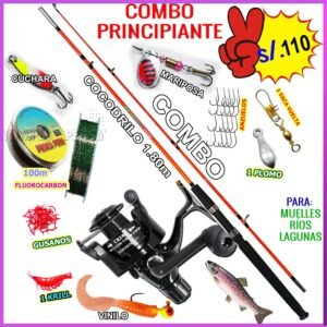 Combo Caña de Pescar 2.10m Fibra de Vidrio Cocodrilo CB240 Con Cuchara Accesorios