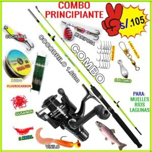 Combo Caña de Pescar 1.80m Fibra de Vidrio Cocodrilo CB240 Con Cuchara Accesorios