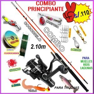 Combo Caña de Pescar 2.10m Fibra de Vidrio Cocodrilo CB240 Con Cuchara Accesorios