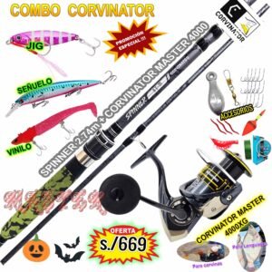 Combo Caña de Pescar CORVINATOR® SPINNER 2.74m + MASTER 4000XG Vinilo Señuelo Jig Accesorios