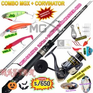Combo Caña de Pescar MGX® SALINAS 2.74m + CORVINATOR MASTER 4000XG Vinilo Señuelo Jig Accesorios