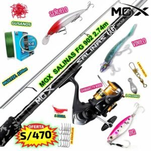 MegaCombo CAÑA MGX® SALINAS 2.74M FIBRA DE CARBONO + CARRETE SHIMANO® FX 4000 + ACCESORIOS FXSALIKILLER