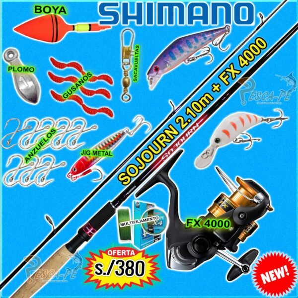 MegaCombo Caña Shimano SOJOURN 2.10m SPINNING 7-21g + Carrete FX 4000 Freno 8.5kg Lagunas Ríos
