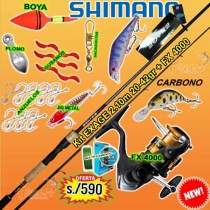 MegaCombo Caña Shimano® EXAGE 2.10m 20-42gr Carbono+ Carrete FX® 4000 Freno 8.5kg Lagunas Ríos