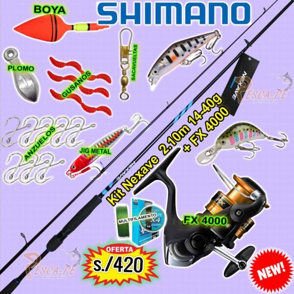 MegaCombo Caña Shimano® NEXAVE 2.10m 14-40gr SPINNING + Carrete FX® 4000 Freno 8.5kg Lagunas Ríos