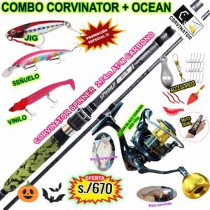 MegaCombo Caña de pescar Ocean® Corvina 4000 + CORVINATOR® SPINNER 2.74m Carbono Vinilo Señuelo Jig Acceorios