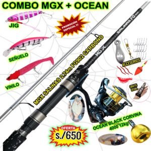 MegaCombo Caña de pescar Ocean® Corvina + MGX® Salinas 2.74m Carbono Vinilo Señuelo Jig Acceorios