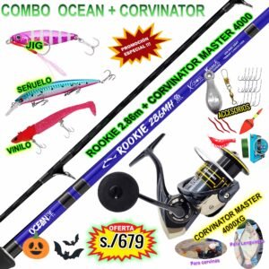 MegaCombo Caña de pescar Ocean® ROOKIE 2.86m Carbono + CORVINATOR® MASTER 4000XG Vinilo Señuelo Jig Acceorios