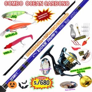 MegaCombo Caña de pescar Ocean® ROOKIE 2.86m Carbono + Carrete Ocean Corvina 4000 12kg +  Vinilo Señuelo Jig Acceorios