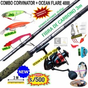 COMBO CAÑA DE PESCAR CORVINATOR® SPINNER 3M CARBONO + OCEAN® FLARE 4000 CON ACCESORIOS