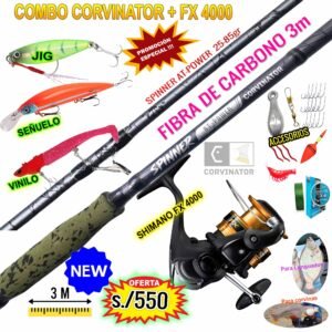 COMBO CAÑA DE PESCAR CORVINATOR® SPINNER 3M CARBONO + SHIMANO® FX 4000 CON ACCESORIOS