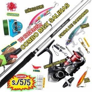 COMBO CAÑA DE PESCAR MGX SALINAS VG 3.05M CARBONO + shimano SIENNA 4000 CON ACCESORIOS