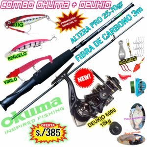 COMBO CAÑA DE PESCAR OKUMA ALTERA PRO® 3M CARBONO + DEUKIO® 6000 METAL ACCESORIOS