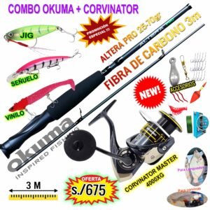 COMBO CAÑA DE PESCAR OKUMA ALTERA PRO® 3m CARBONO + CORVINATOR® MASTER 4000XG CON ACCESORIOS