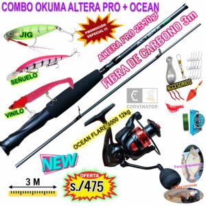 COMBO CAÑA DE PESCAR OKUMA ALTERA PRO® 3m CARBONO + OCEAN® FLARE 4000 CON ACCESORIOS