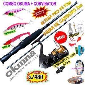 COMBO CAÑA DE PESCAR OKUMA ALTERA PRO® 3m CARBONO + SHIMANO® FX 4000 CON ACCESORIOS