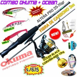 COMBO CAÑA DE PESCAR OKUMA® ALTERA PRO 3m CARBONO + OCEAN® BLACK CORVINA 4000 12kg CON ACCESORIOS