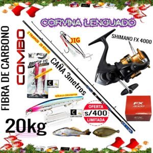 Combo Caña de Pescar Abusha 3.0m Fibra de Carbono para Corvinas Lenguados Carrete FX 4000 8.5kg