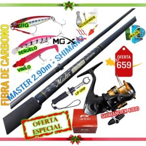 Combo Caña de Pescar CORVINATOR® MASTER 2.90m Carbono Carrete Shimano® FX 4000 Con Accesorios