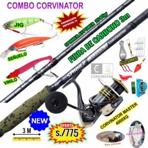 Combo Caña de Pescar Corvinator Spinner 3m Carbono + Master 4000XG Con accesorios