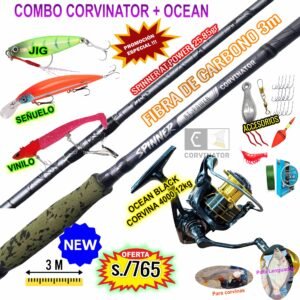 Combo Caña de Pescar Corvinator® Spinner 3m Carbono + Ocean® Black Corvina 4000 Con accesorios