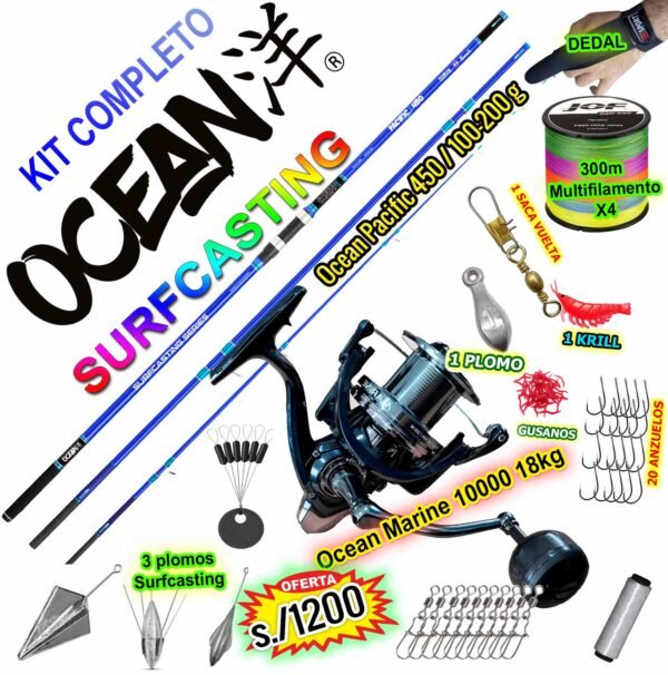 Combo Surfcasting Ocean PACIFIC 4.50m Carbono + MARINE 10000 18kg Completo