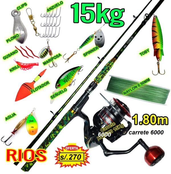 MEGA COMBO CAÑA DE PESCAR PARA RIOS 1.80M SELVA 15KG