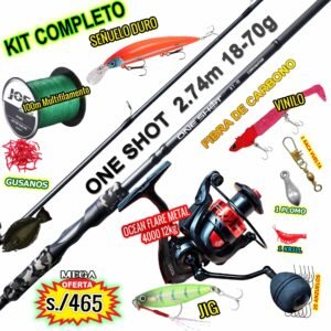 MegaCombo Caña de Pescar Corvinator® ONE SHOT 2.74m Carbono + OCEAN FLARE 4000 12kg Accesorios
