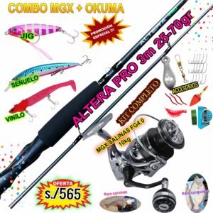 MegaCombo Caña de pescar OKUMA® ALTERA PRO 3m 25-70gr + Carrete Salinas FG4.0 10KG + accesorios