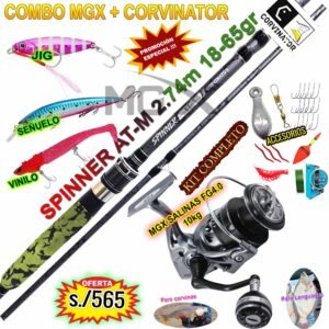MegaCombo caña de pescar CORVINATOR® Spinner 2.74M AT-M Carbono + Carrete Salinas FG4.0 10KG + accesorios