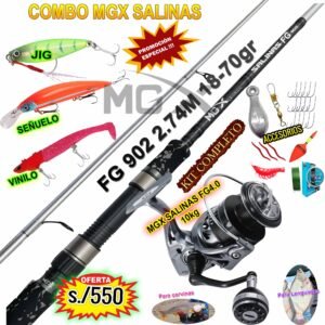 MegaCombo caña de pescar MGX® Salinas 2.74M FG902 Carbono + Carrete Salinas FG4.0 10KG + accesorios