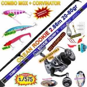 MegaCombo caña de pescar OCEAN® Rookie 2.86m Carbono + Carrete Salinas FG4.0 10KG + accesorios