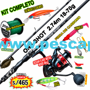 MegaCombo Caña de Pescar Corvinator® ONE SHOT 2.74m Carbono + OCEAN FLARE 4000 12kg Accesorios