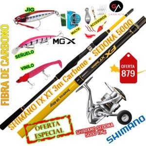 Combo caña de pescar shimano FX XT 3m 3m carbono + carrete Sedona 5000 kit completo